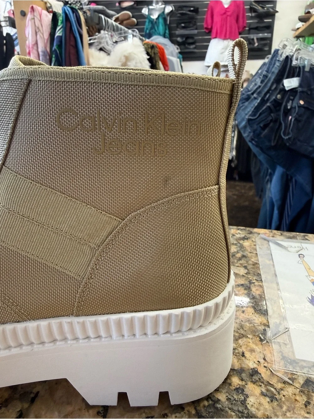 Calvin Klein Jeans Berti Platform Lug Sole Ankle Boots Natural Canvas Zip size 9